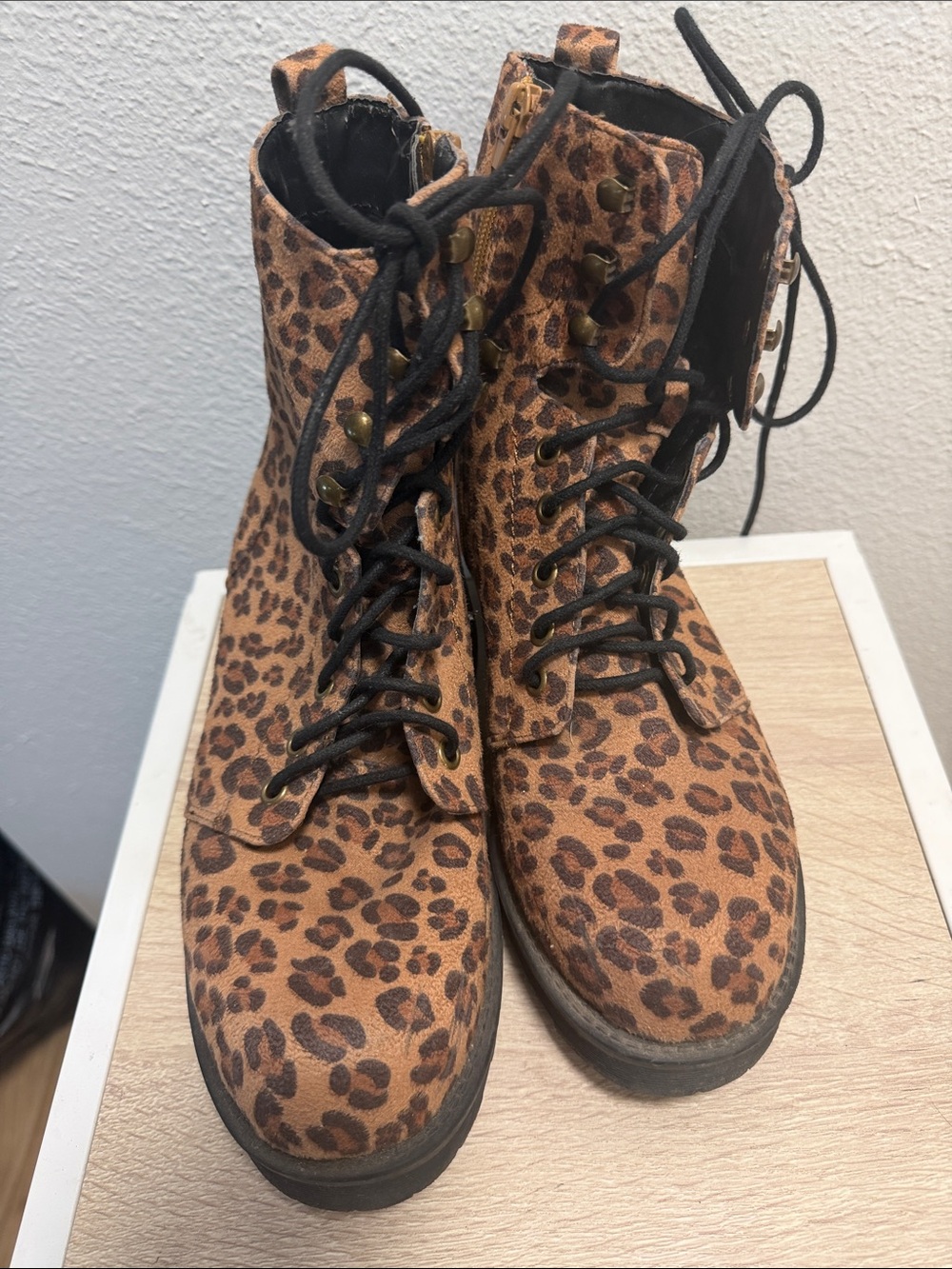 MIA Leopard-Print Lace-Up Ankle Boots - Brown/Black